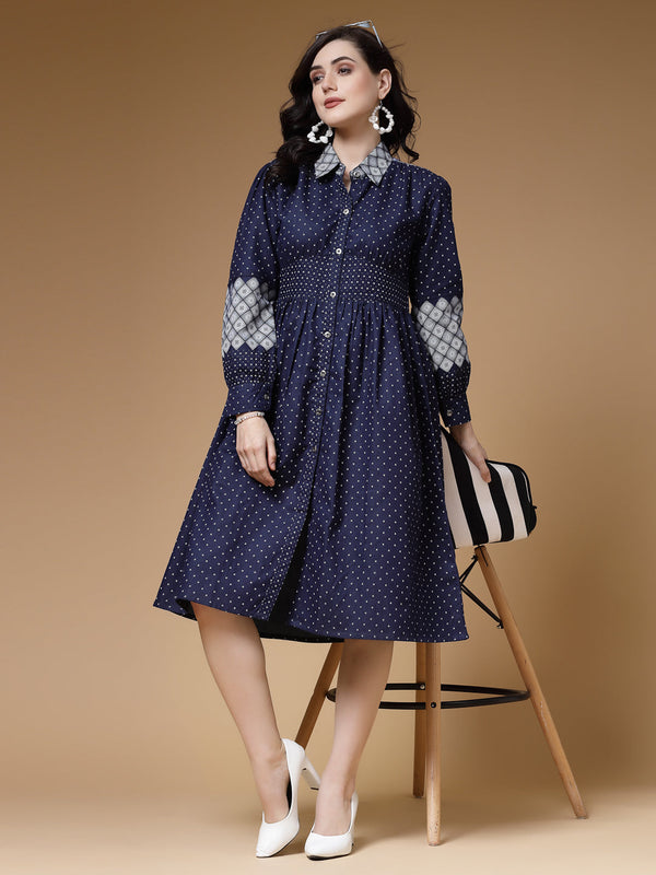 Indibelle Blue Printed Denim A-Line Dress