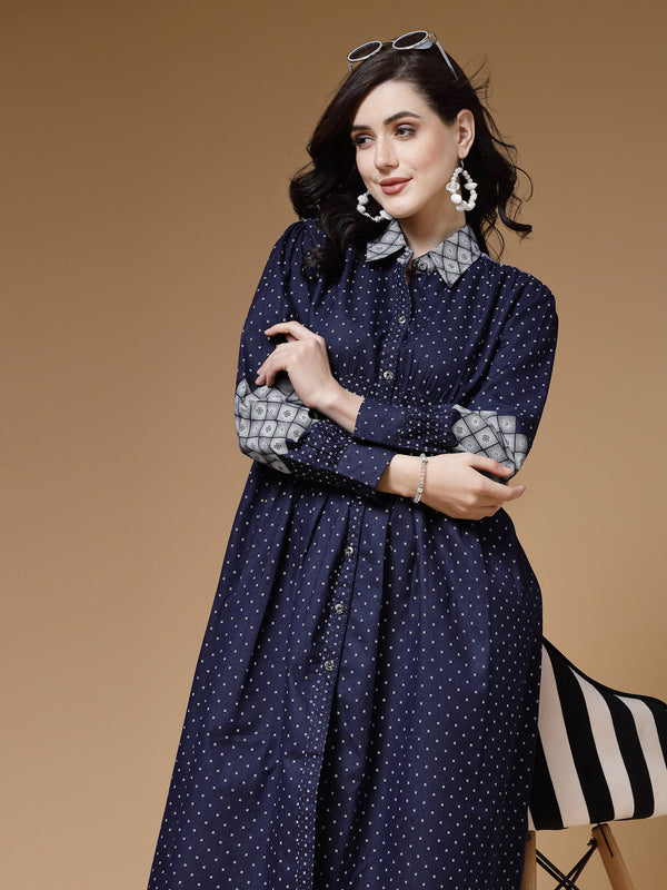 Indibelle Blue Printed Denim A-Line Dress
