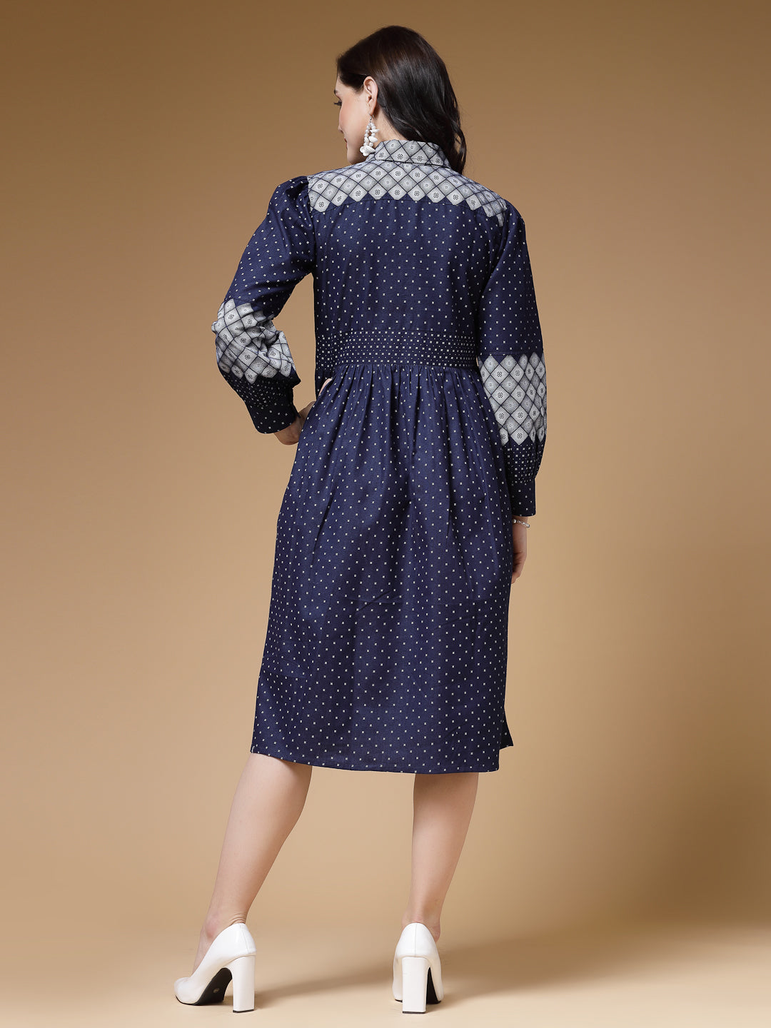 Indibelle Blue Printed Denim A-Line Dress