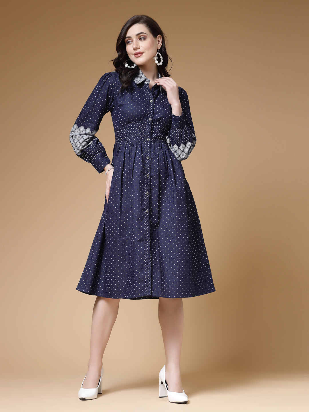 Indibelle Blue Printed Denim A-Line Dress