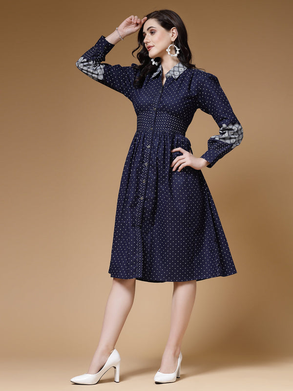 Indibelle Blue Printed Denim A-Line Dress