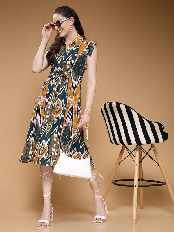 Indibelle Rayon Mustard Abstract Print A-Line Dress