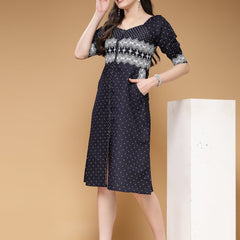 Indibelle Denim Blue Geometric Print A-Line Dress