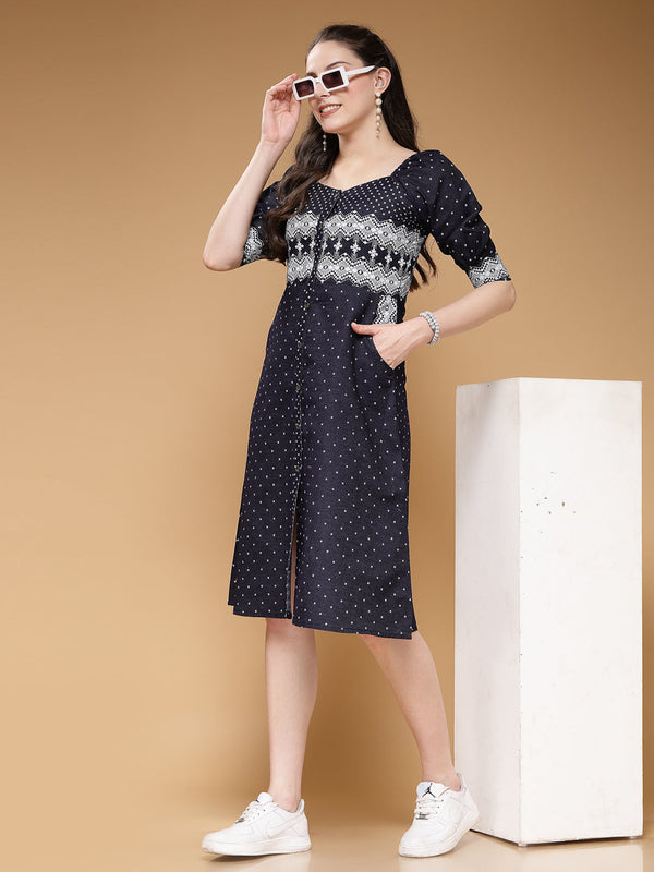 Indibelle Denim Blue Geometric Print A-Line Dress