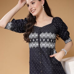 Indibelle Denim Blue Geometric Print A-Line Dress