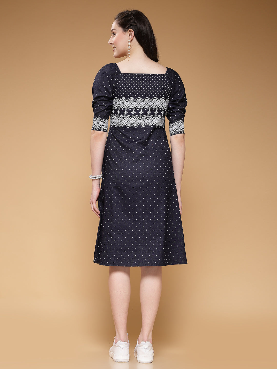 Indibelle Denim Blue Geometric Print A-Line Dress