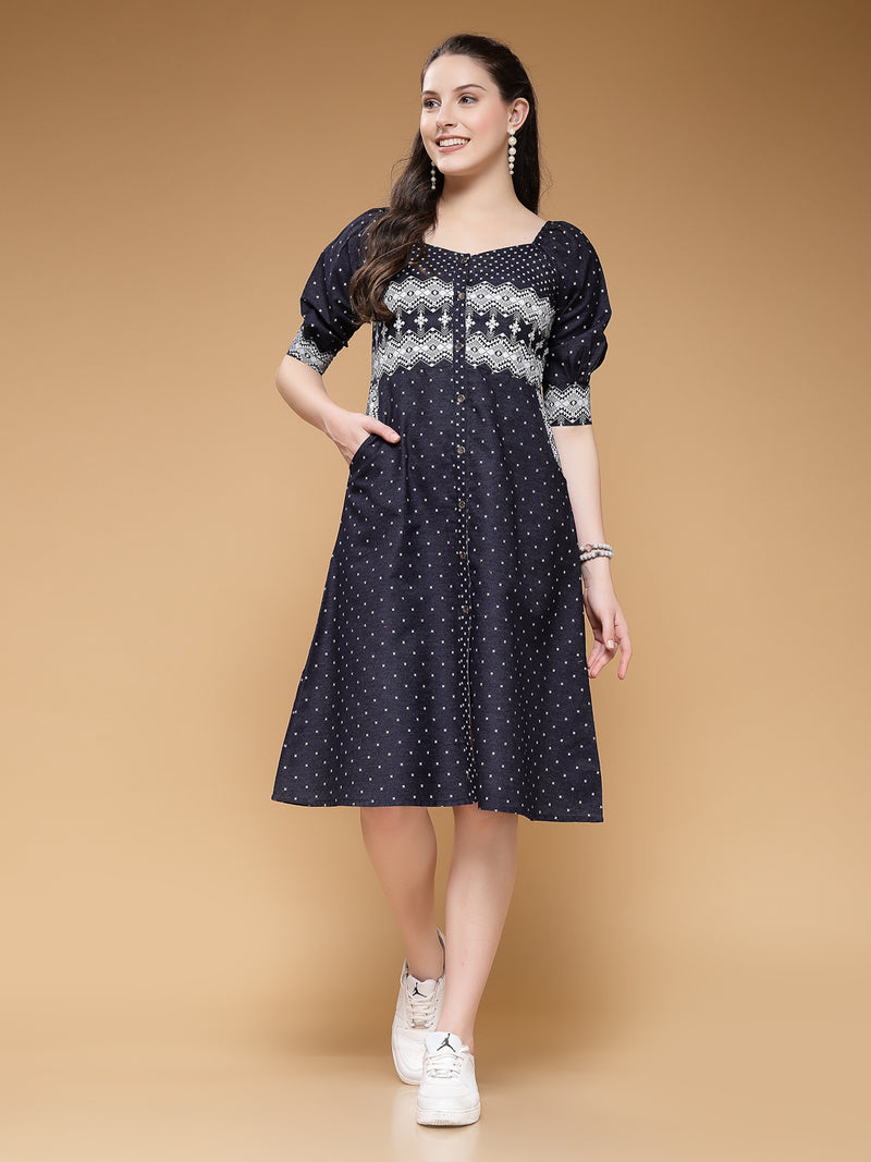 Indibelle Denim Geometric Print A-Line Shrug/Cape (Blue)