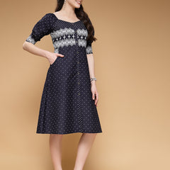 Indibelle Denim Blue Geometric Print A-Line Dress