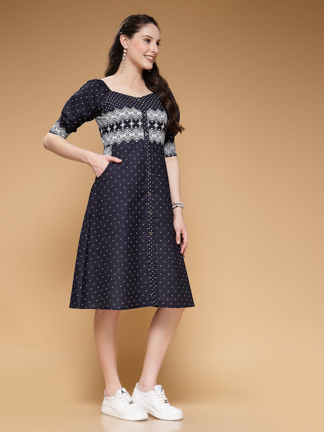 Indibelle Denim Blue Geometric Print A-Line Dress