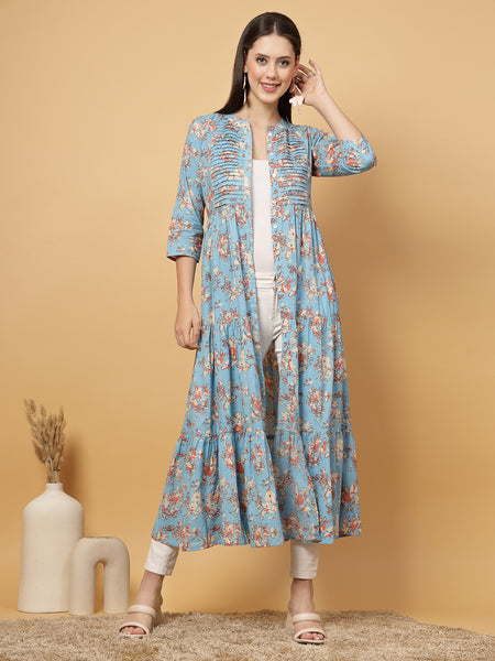 Indibelle Cotton Floral Print Flared Maxi Cape/Shrug (Sky Blue)