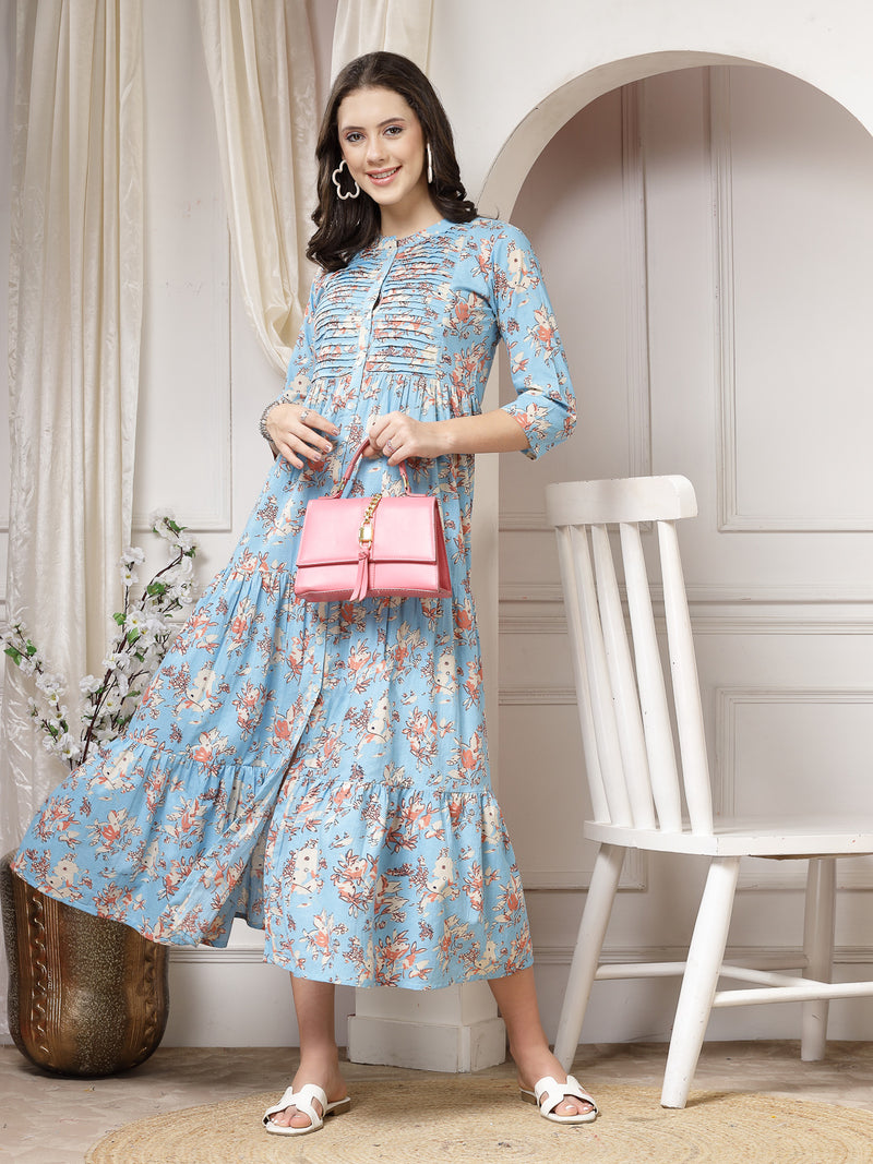 Indibelle Cotton Floral Print Flared Maxi Dress (Sky Blue)