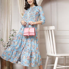 Indibelle Cotton Floral Print Flared Maxi Dress (Sky Blue)
