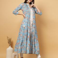 Indibelle Cotton Floral Print Flared Maxi Cape/Shrug (Sky Blue)