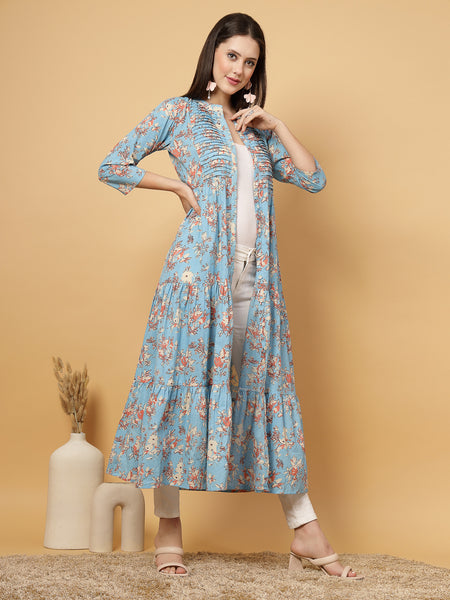 Indibelle Cotton Floral Print Flared Maxi Cape/Shrug (Sky Blue)