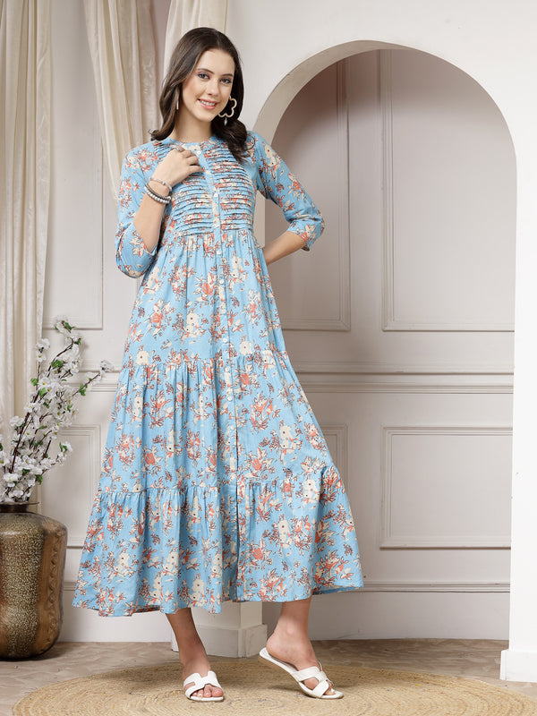 Indibelle Cotton Floral Print Flared Maxi Dress