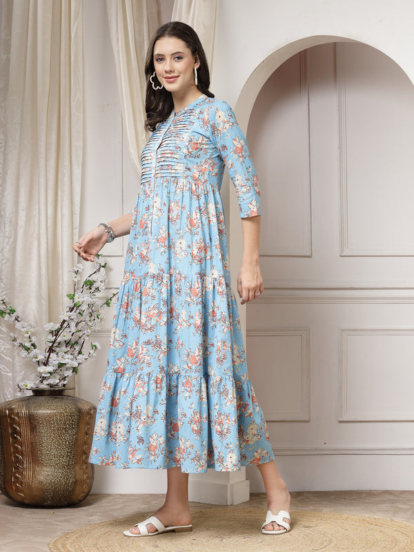 Indibelle Cotton Floral Print Flared Maxi Dress