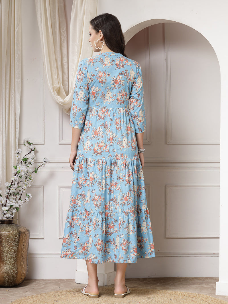 Indibelle Cotton Floral Print Flared Maxi Dress (Sky Blue)