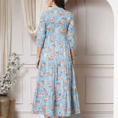 Indibelle Cotton Floral Print Flared Maxi Dress (Sky Blue)