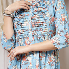 Indibelle Cotton Floral Print Flared Maxi Dress (Sky Blue)