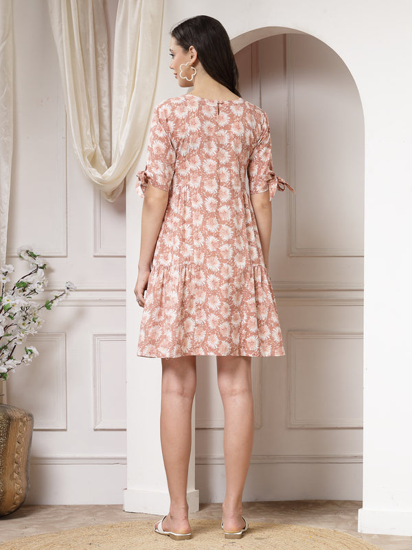 Indibelle Cotton Floral Print A-Line Mini Dress (Brown)