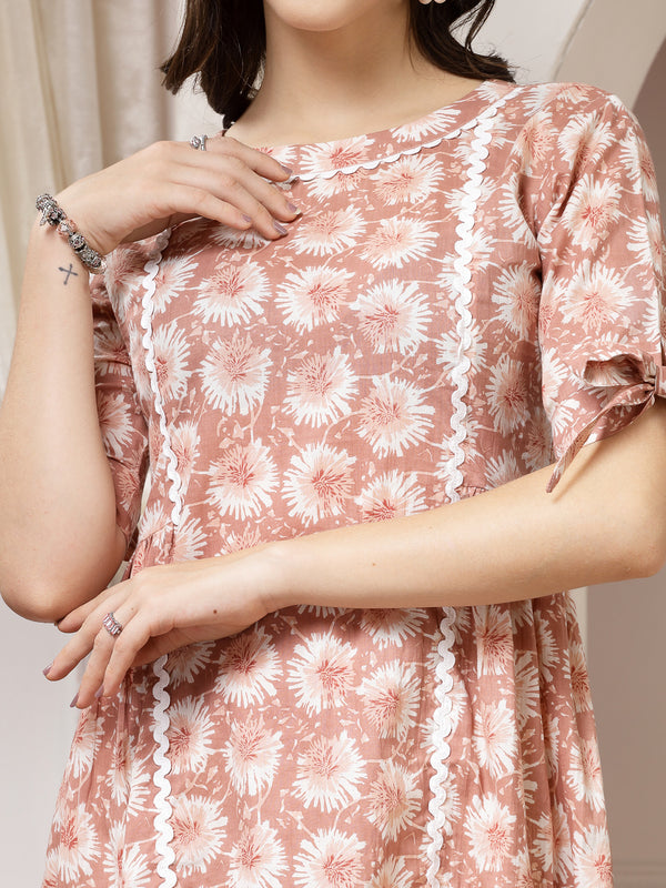 Indibelle Cotton Floral Print A-Line Mini Dress (Brown)