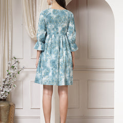 Indibelle Cotton Abstract Print Flared Mini Dress (Teal)
