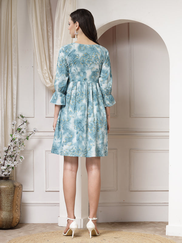 Indibelle Cotton Abstract Print Flared Mini Dress (Teal)
