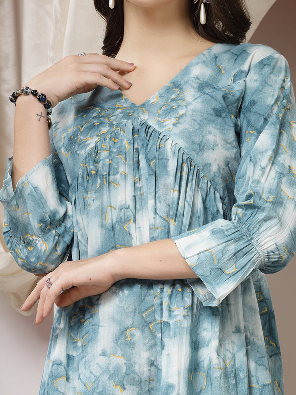 Indibelle Cotton Abstract Print Flared Mini Dress (Teal)