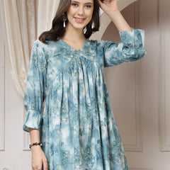 Indibelle Cotton Abstract Print Flared Mini Dress (Teal)