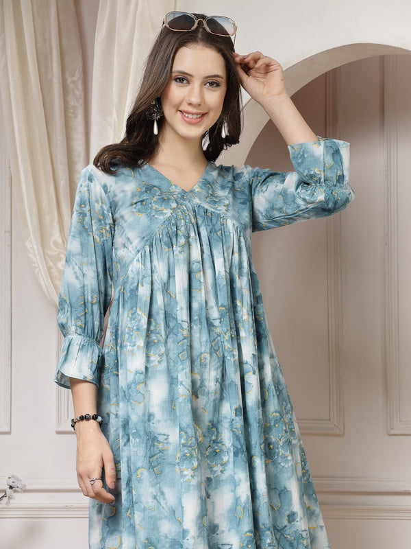 Indibelle Cotton Abstract Print Flared Mini Dress (Teal)