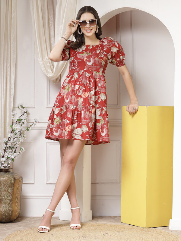 Indibelle Cotton Floral Print Mini Dress (Maroon)