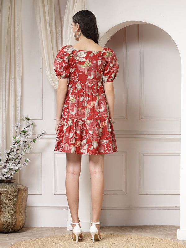 Indibelle Cotton Floral Print Mini Dress (Maroon,Blue)