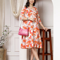 Indibelle Cotton Floral Print A-Line Midi Dress (Orange)