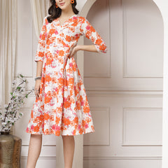 Indibelle Cotton Floral Print A-Line Midi Dress (Orange)