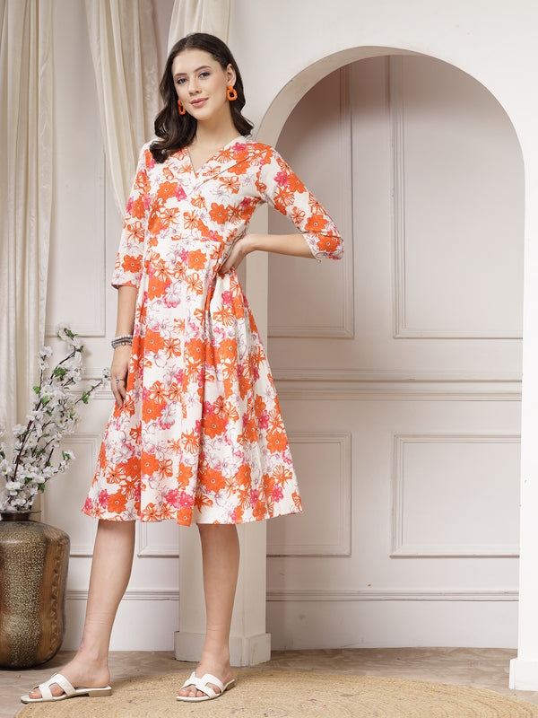 Indibelle Cotton Floral Print A-Line Midi Dress (Orange)