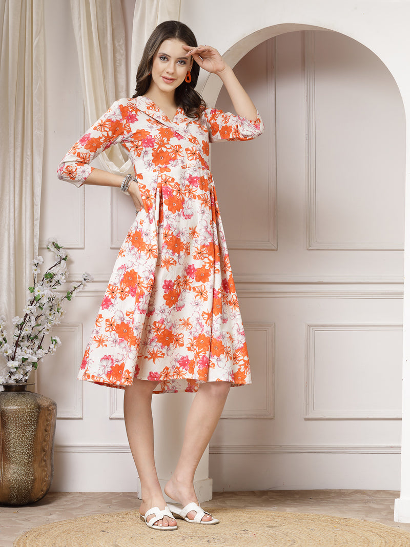 Indibelle Cotton Floral Print A-Line Midi Dress (Orange)