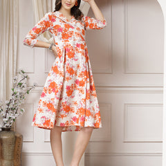 Indibelle Cotton Floral Print A-Line Midi Dress (Orange)