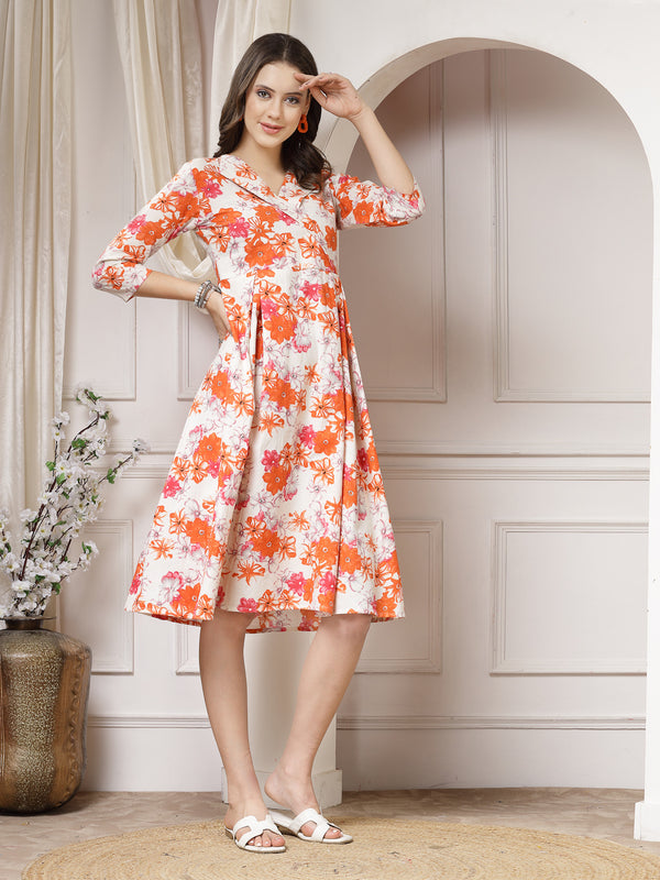 Indibelle Cotton Floral Print A-Line Midi Dress (Orange)