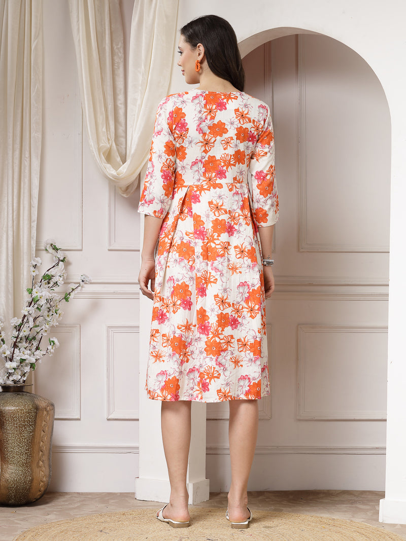 Indibelle Cotton Floral Print A-Line Midi Dress (Orange)