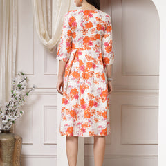 Indibelle Cotton Floral Print A-Line Midi Dress (Orange)