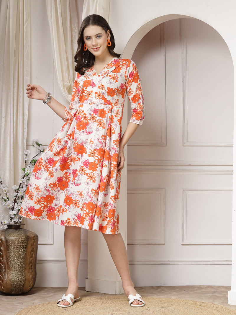 Indibelle Cotton Floral Print A-Line Midi Dress (Orange)