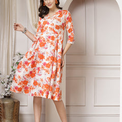 Indibelle Cotton Floral Print A-Line Midi Dress (Orange)