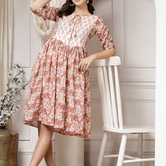 Indibelle Cotton Floral Print Flared Midi Dress (Brown)