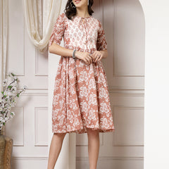 Indibelle Cotton Floral Print Flared Midi Dress (Brown)