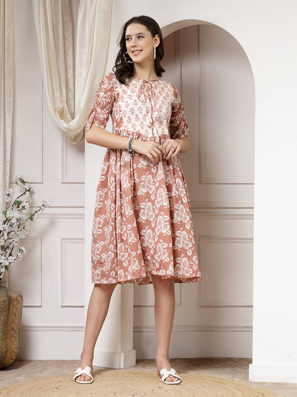 Indibelle Cotton Floral Print Flared Midi Dress (Brown)