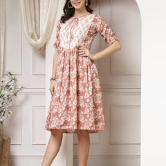 Indibelle Cotton Floral Print Flared Midi Dress (Brown)