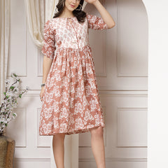 Indibelle Cotton Floral Print Flared Midi Dress (Brown)