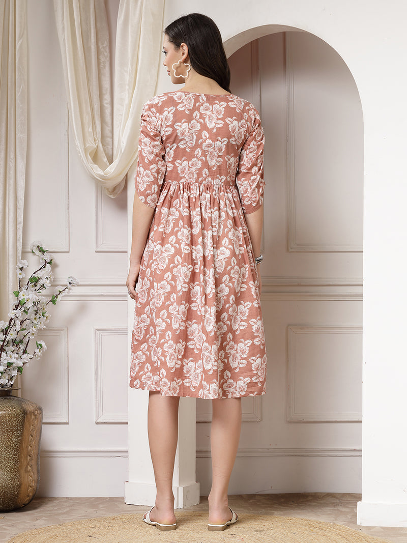 Indibelle Cotton Floral Print Flared Midi Dress (Brown)
