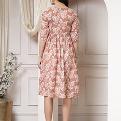 Indibelle Cotton Floral Print Flared Midi Dress (Brown)