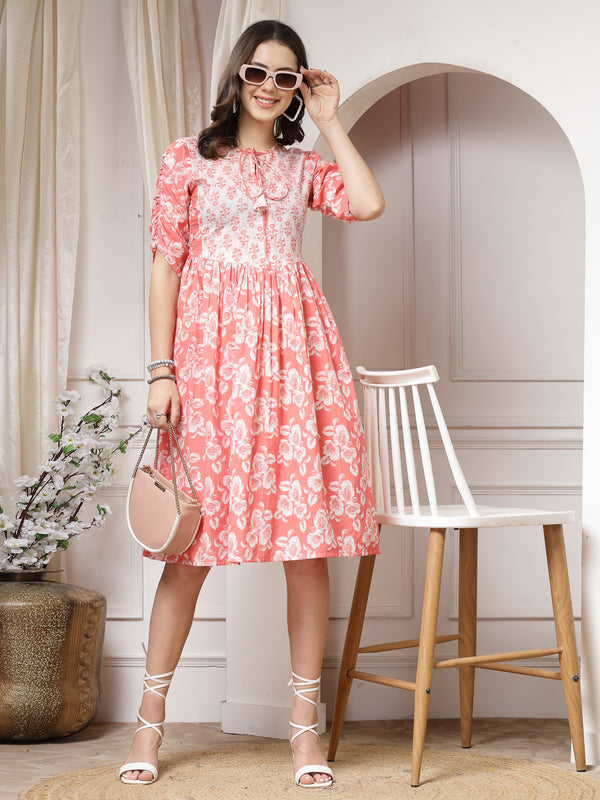 Indibelle Cotton Floral Print Flared Midi Dress (Brown)